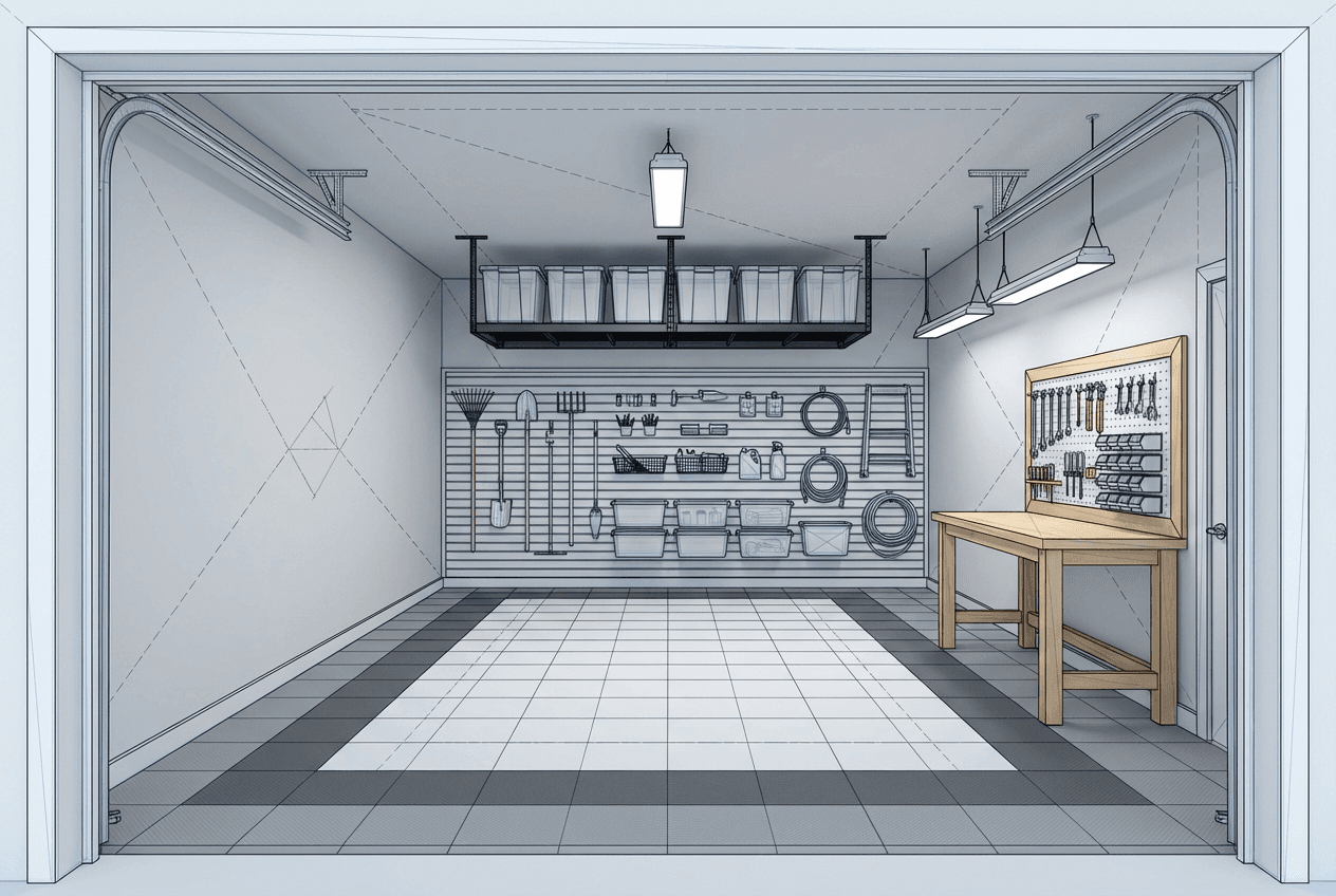 Architectural concept render of organized garage after transformation — wall storage systems, overhead racks, epoxy floor, car parked inside, everything labeled and accessible