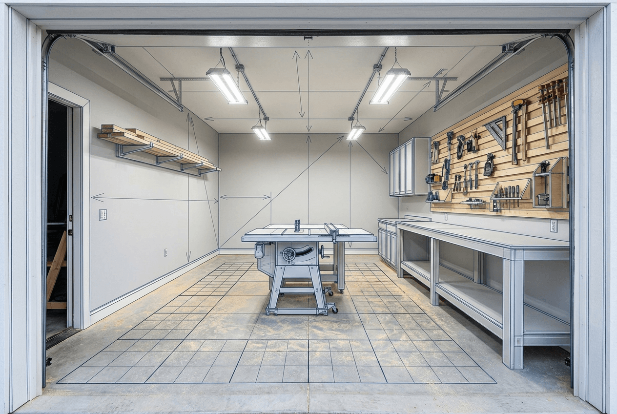 Architectural concept render of home workshop transformation — workbench with tools organized on french cleat wall, table saw, dust collection, good lighting, clean epoxy floor