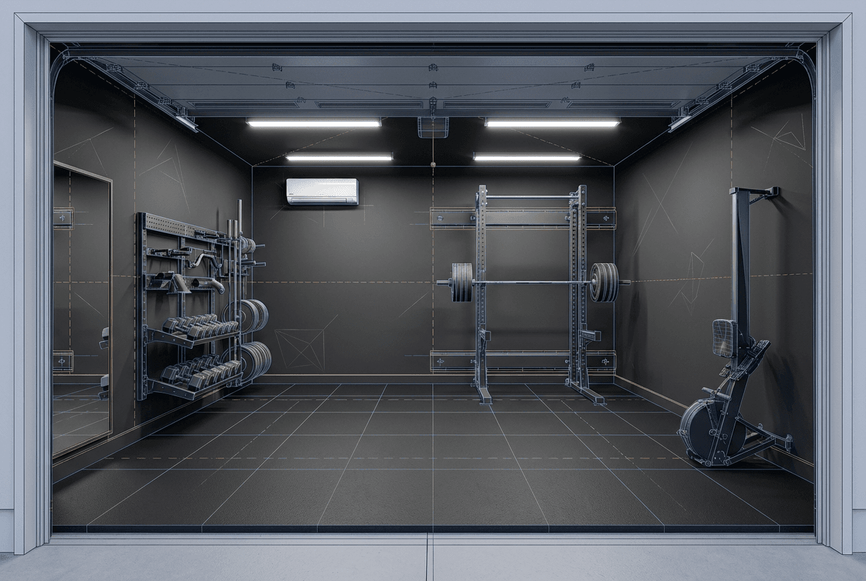 Architectural concept render of garage home gym transformation — power rack, rubber flooring, mirror wall, dumbbell rack, rower, clean and well-lit space