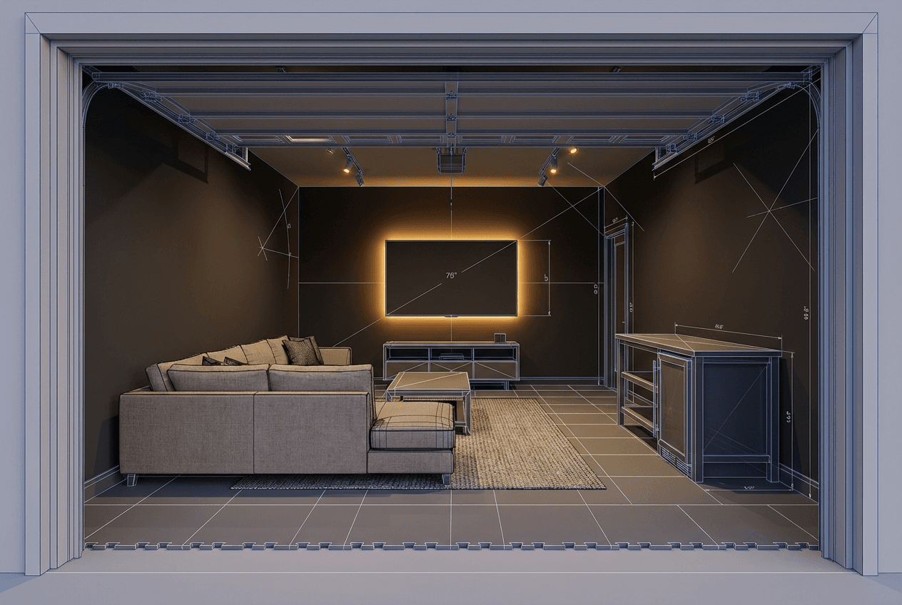Architectural concept render of 1-car garage man cave transformation — large TV, sectional sofa, bar area with mini fridge, LED accent lighting, epoxy floor, insulated walls