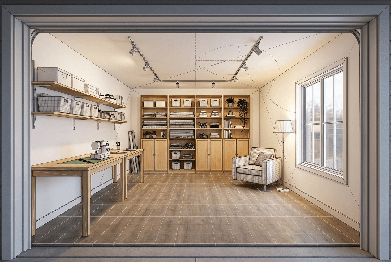 Architectural concept render of garage-to-she-shed transformation — bright white walls, craft table, reading nook by window, floating shelves, plants, warm lighting, LVP flooring