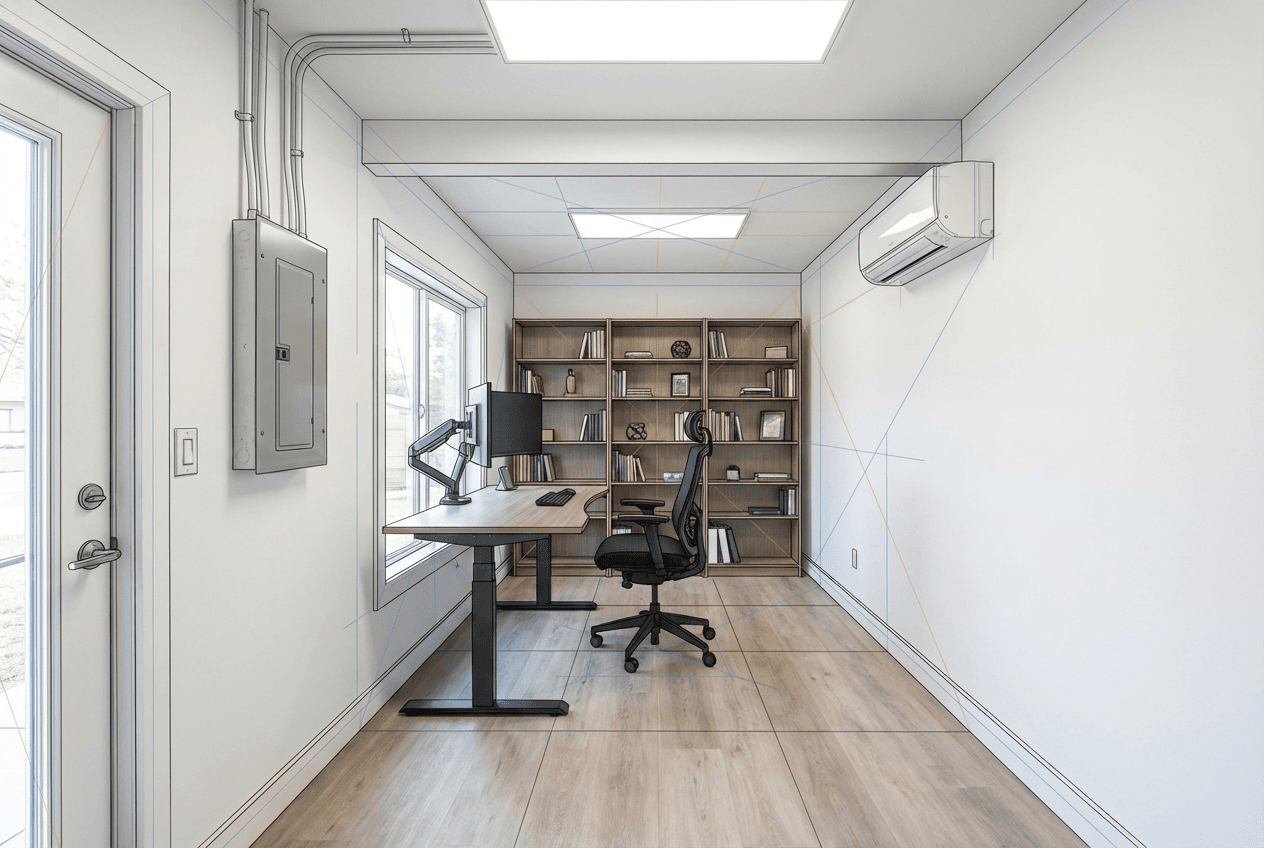 Architectural concept render of detached garage home office — standing desk, dual monitors, bookshelf backdrop, mini-split on wall, ethernet connection, professional and clean space
