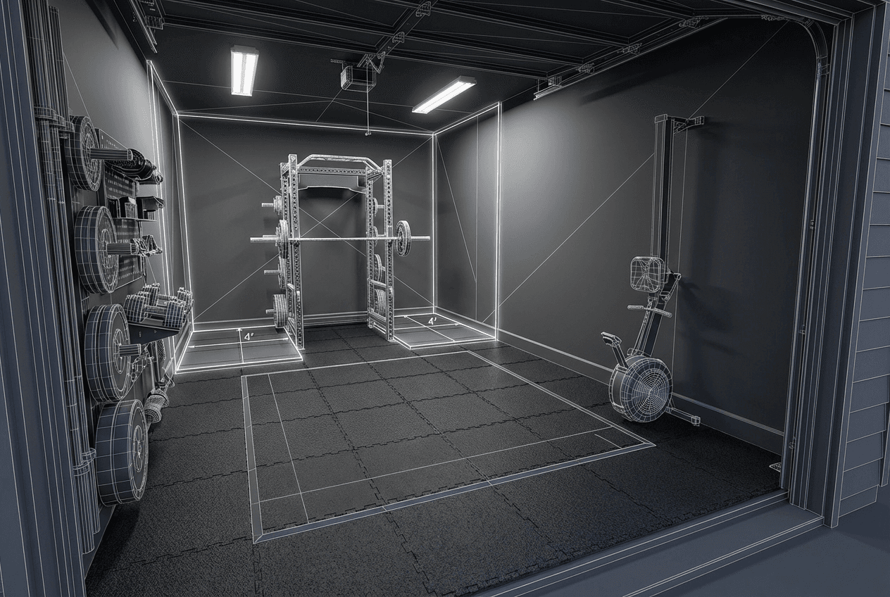 Architectural concept render of 1-car garage gym — power rack in back corner, rubber flooring throughout, rower stored vertically, wall-mounted weight storage, open movement floor