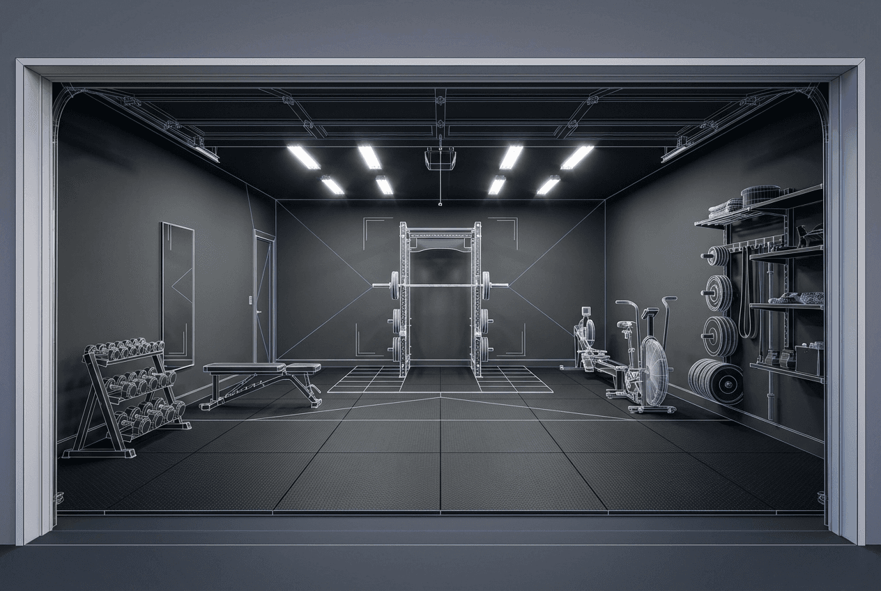 Architectural concept render of 2-car garage full gym — central power rack, cardio row along side wall, open functional floor, dumbbell station with mirror, full rubber flooring