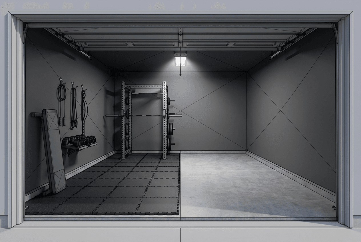 Architectural concept render of minimal garage gym storage — linear perimeter layout, rack-integrated plate storage, vertical bench against wall, shared with vehicle bay