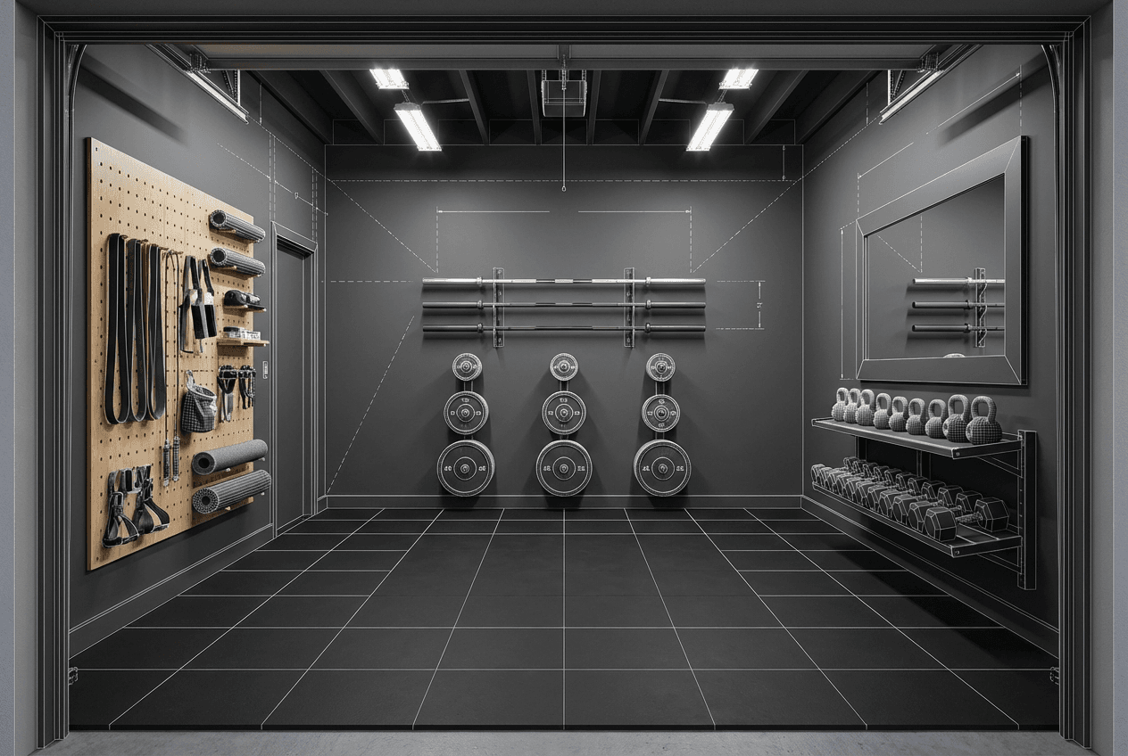 Architectural concept render of wall-dominant garage gym storage — wall-mounted barbell racks, angled plate pegs, pegboard accessories wall, floor completely clear for lifting