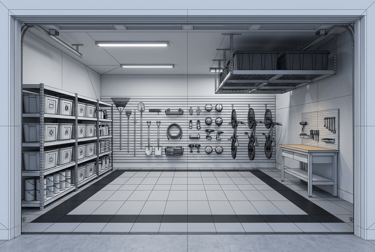 Architectural concept render of organized storage garage transformation — slatwall system on back wall, overhead racks, epoxy floor, car parked inside, everything off the floor