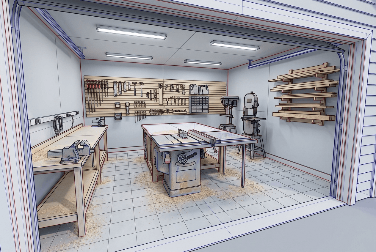 Architectural concept render of workshop garage transformation — table saw centre, workbench along side wall, french cleat tool wall, dust collector, LED shop lights, epoxy floor