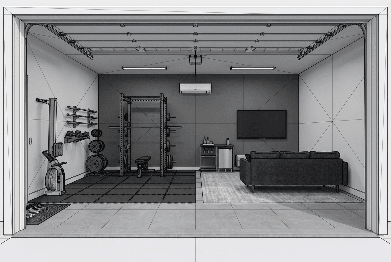 Architectural concept render of 2-car garage gym/man cave hybrid — power rack and rubber floor on one side, sofa and TV on other side, mini-split above, clear dividing line between zones