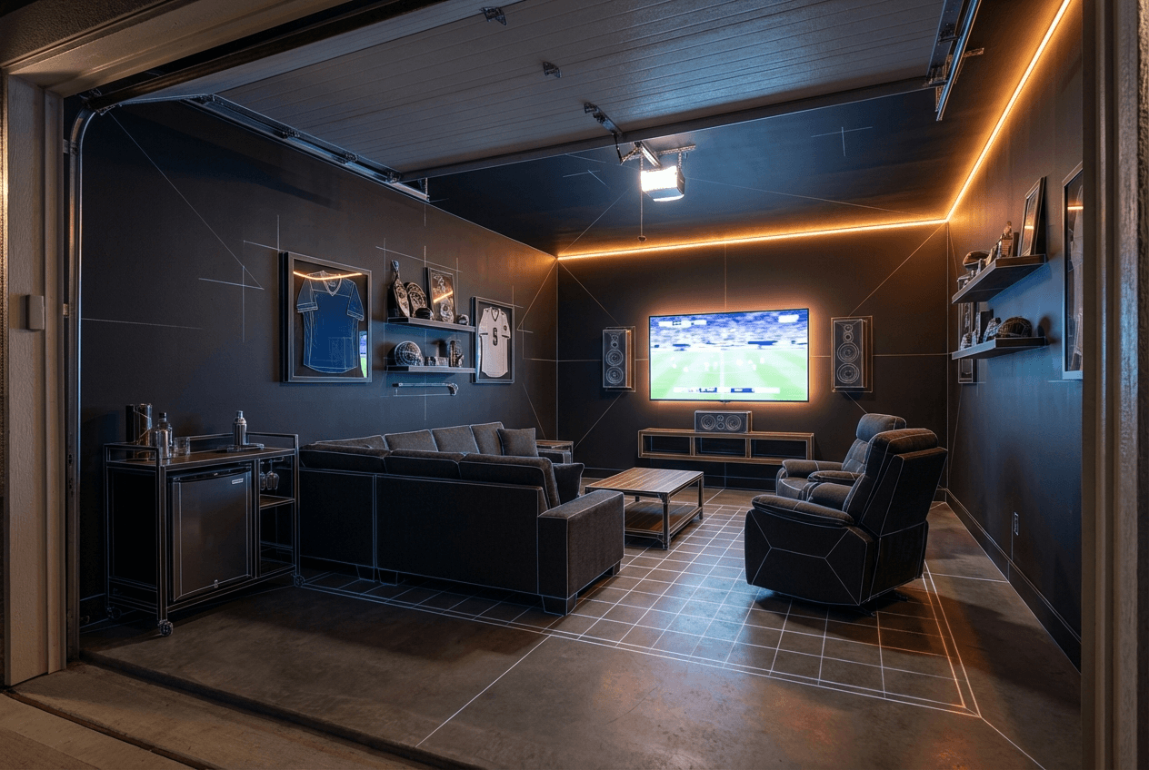 Architectural concept render of 1-car garage man cave interior — 65-75 in TV on back wall, sectional sofa, bar cart with mini fridge in corner, LED strip lighting, epoxy floor