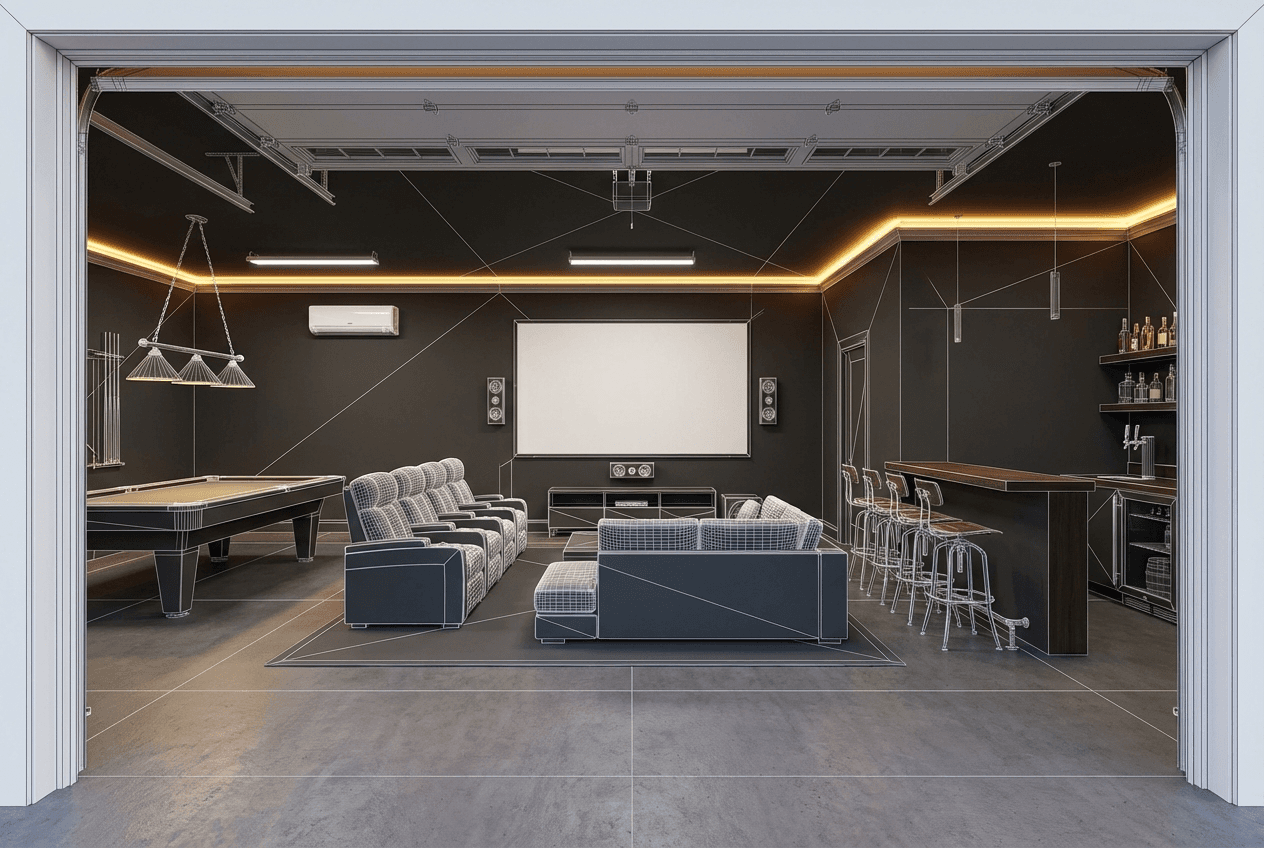 Architectural concept render of 2-car garage man cave interior — 85 in TV with surround sound, large sectional, built-in bar with stools, pool table zone, mini-split on wall