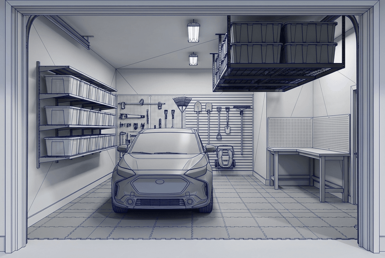 Architectural concept render of organized 1-car garage — vehicle parked inside, wall storage system on back wall, overhead rack above, corner workbench, everything off the floor