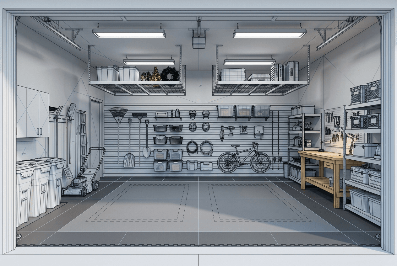 Architectural concept render of organized 2-car garage — two vehicle bays clear, full back wall storage system, overhead ceiling racks, workshop corner, utility zone along side