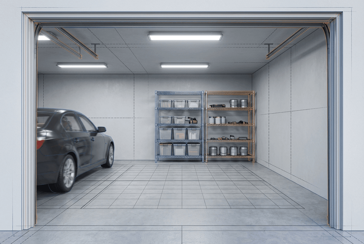 Architectural concept render of freestanding metal wire shelving in a garage — 5-shelf chrome unit loaded with bins, tools, and paint cans, adjacent to a parked car
