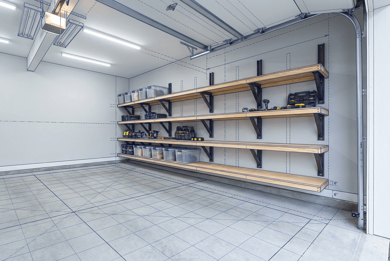 Architectural concept render of wall-mounted bracket shelving in a finished garage — heavy-duty brackets into studs, plywood shelves holding bins and tools, floor clear below