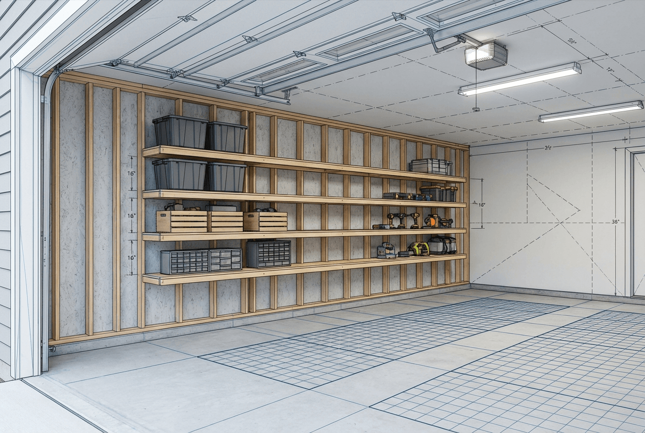 Architectural concept render of dIY 2×4 stud-wall shelving in an unfinished garage — ledger boards lag-bolted to exposed studs, plywood shelves loaded with heavy bins, full wall coverage