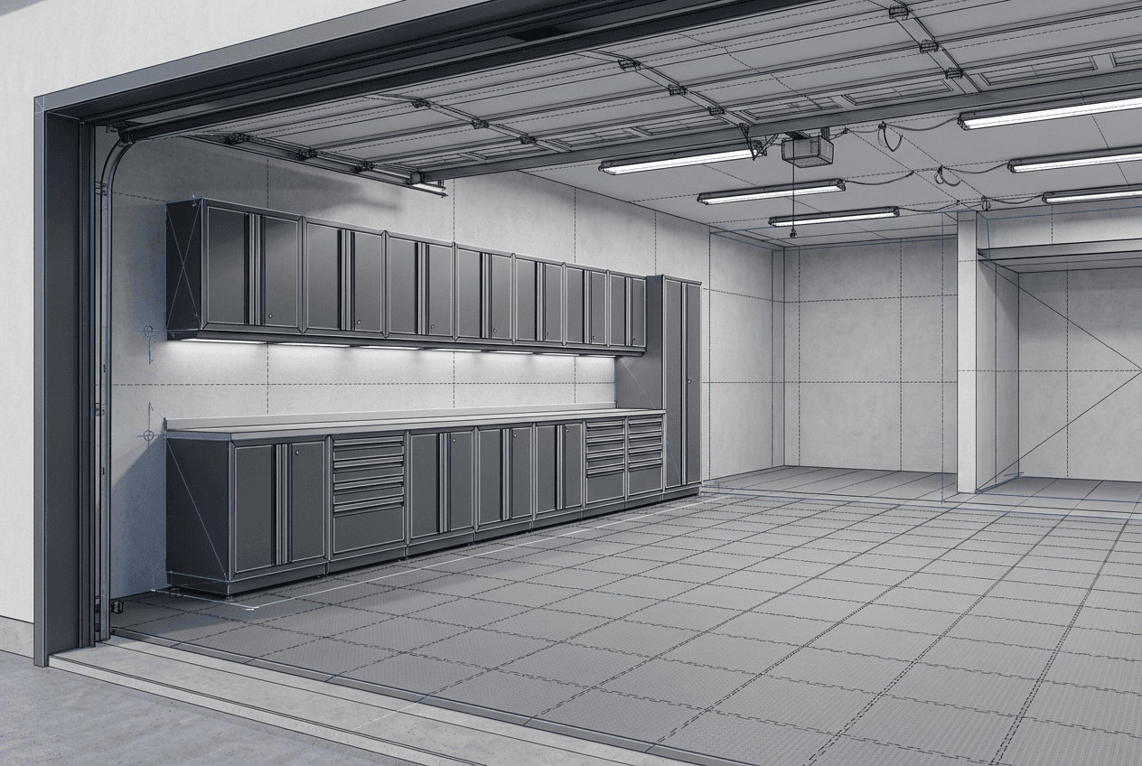 Architectural concept render of modular garage cabinet system — Gladiator-style steel cabinets along wall, mix of base and wall units, countertop workspace between, clean finished look