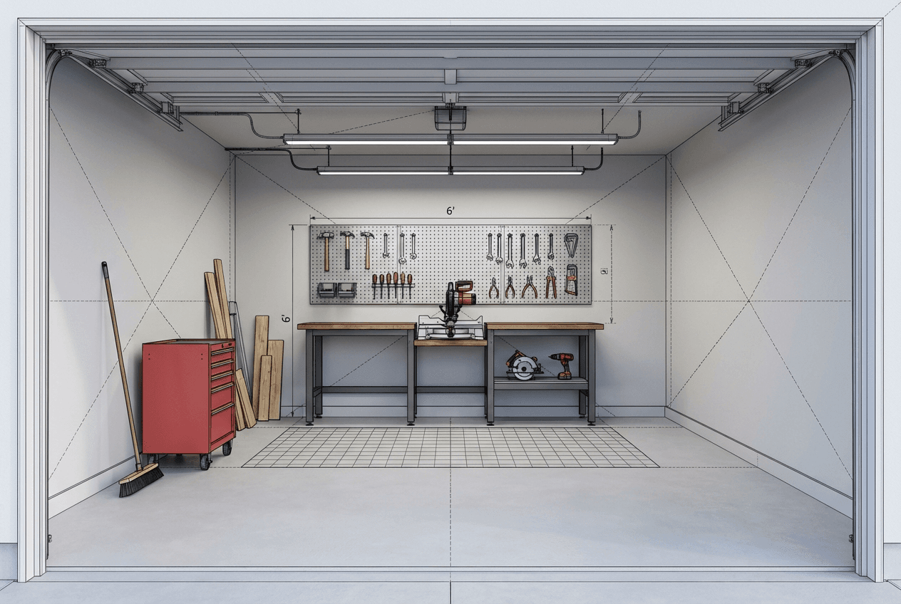 Architectural concept render of starter one-wall workshop — workbench against back wall, pegboard tool storage above, miter saw on bench, circular saw and drill on shelf, compact and organized