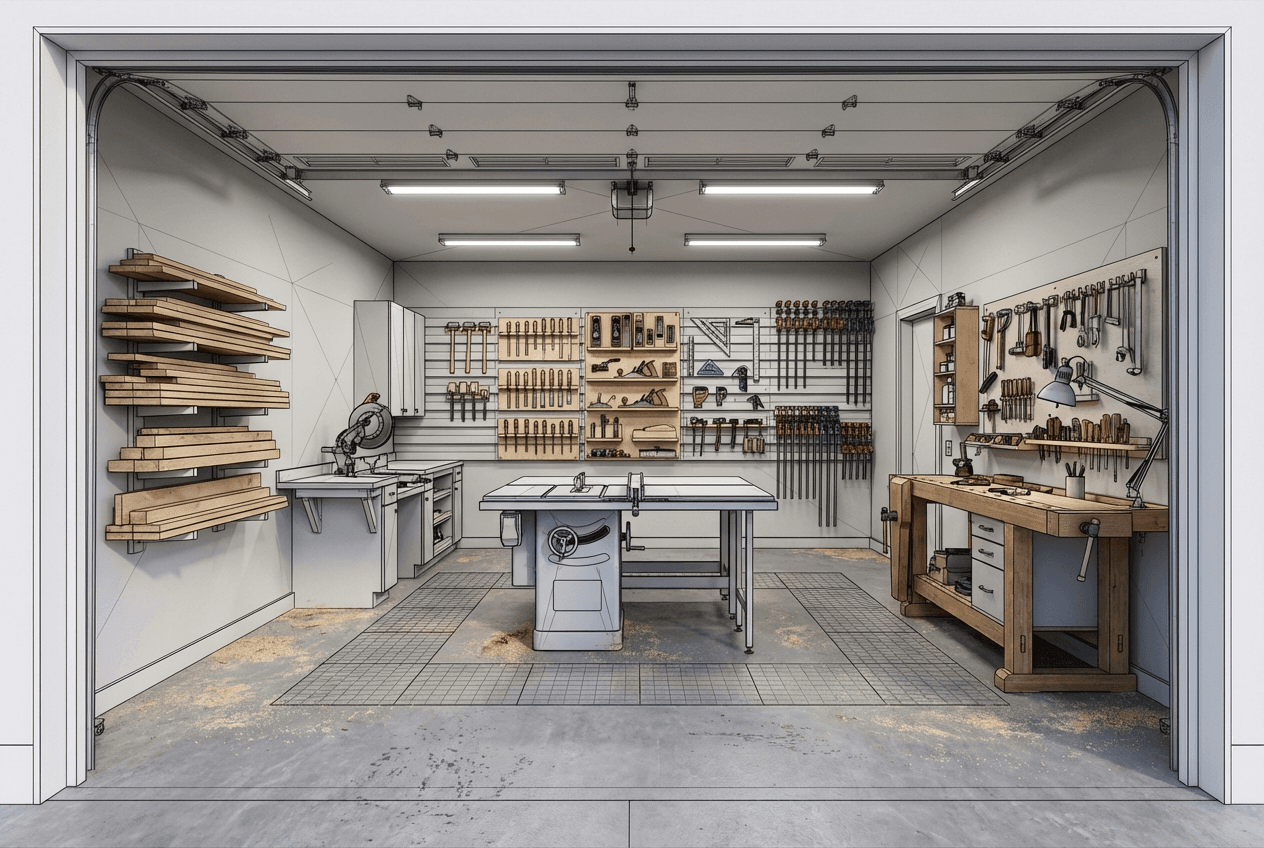 Architectural concept render of 1-car garage woodworking shop — table saw centre, workbench against wall, french cleat tool wall, dust collector in corner, lumber rack near door, overhead lighting