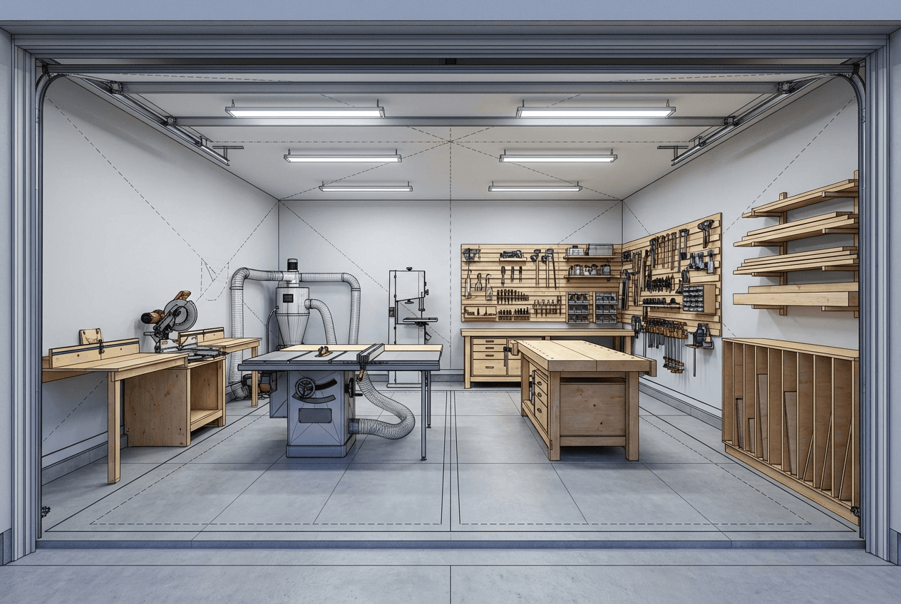 Architectural concept render of 2-car garage multipurpose workshop — dedicated tool bay with table saw and workbench, vehicle bay clear on other side, overhead storage, french cleat wall