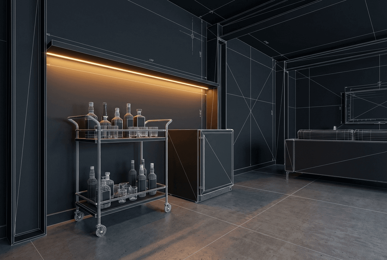 Architectural concept render of man cave bar cart setup — quality rolling bar cart with bottles and glassware, mini fridge beside it, LED strip accent above, corner of a garage man cave