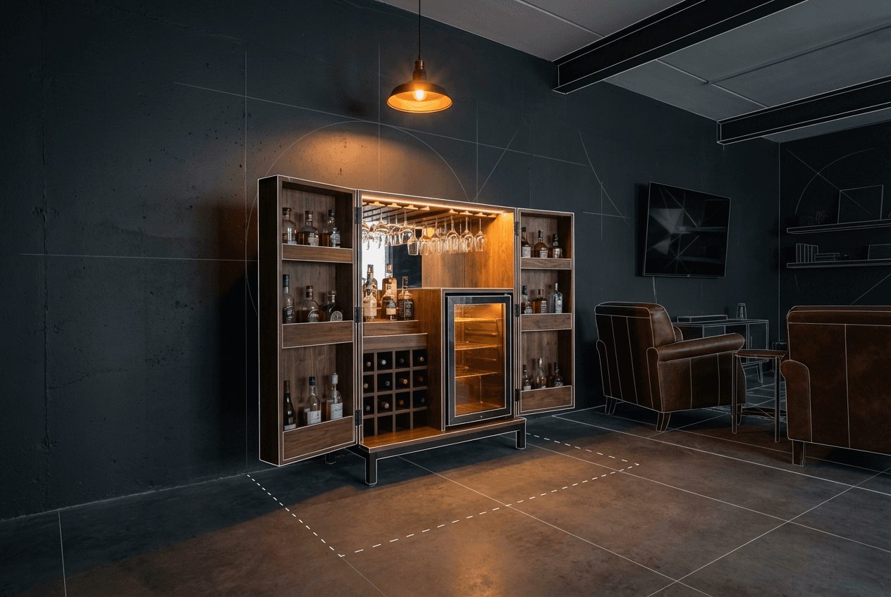 Architectural concept render of freestanding bar cabinet in a man cave — open cabinet showing bottle storage and glassware, wine rack section, mini fridge integrated, warm lighting