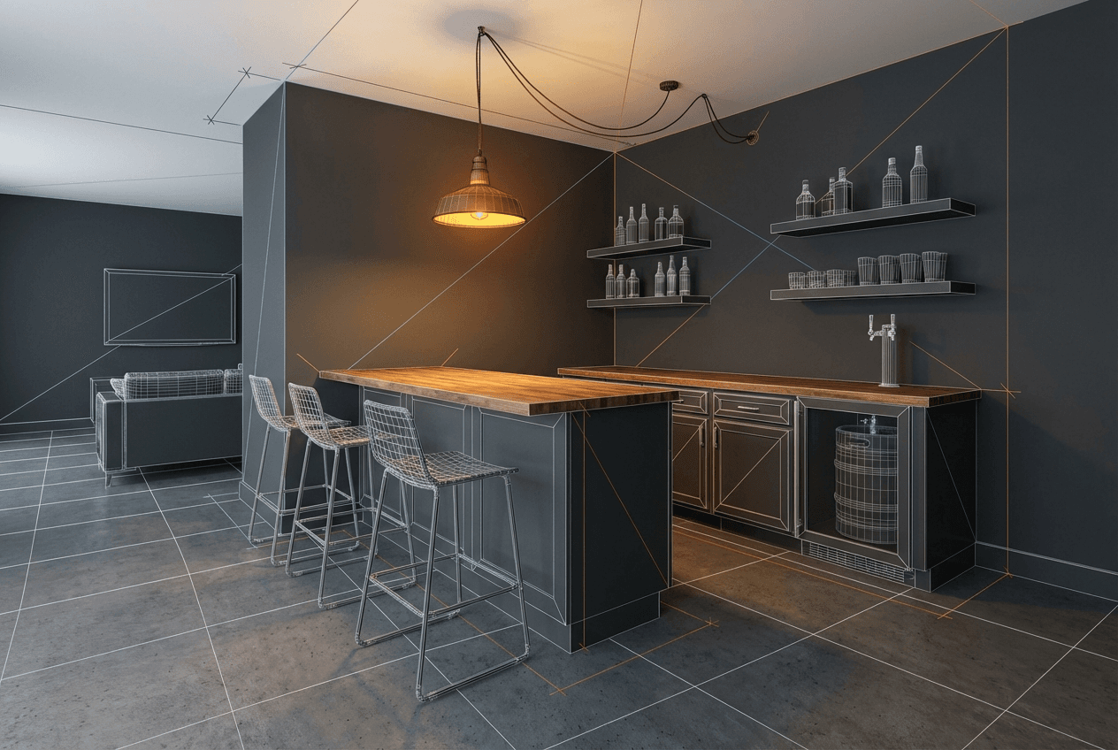 Architectural concept render of dIY built-in bar with IKEA base cabinets and butcher block counter — 3 bar stools, keg cooler visible under counter, back bar shelving with bottles, pendant light