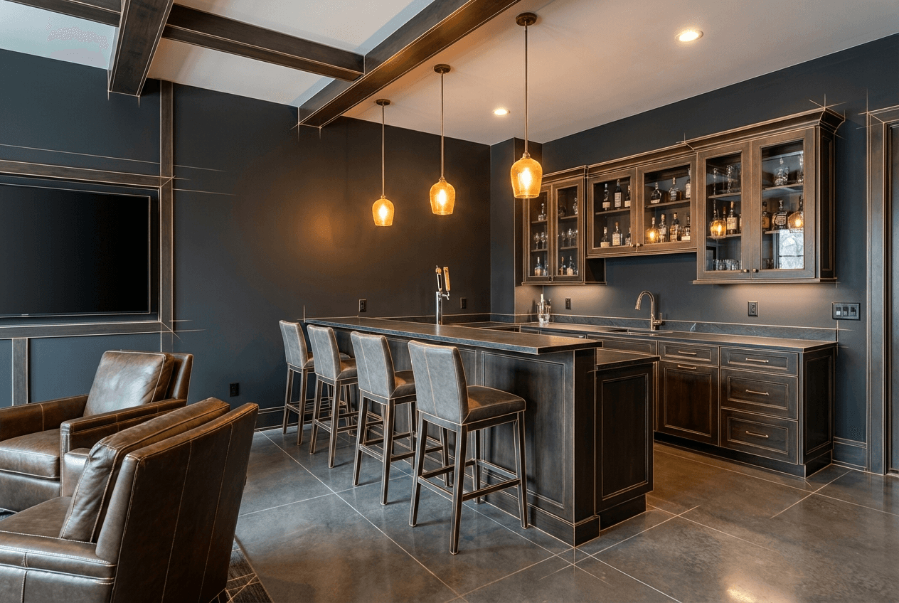 Architectural concept render of full wet bar in a garage man cave — custom cabinetry, granite counter, bar sink, dual-tap keg system, glass-front uppers, premium pendant lighting, 4 bar stools