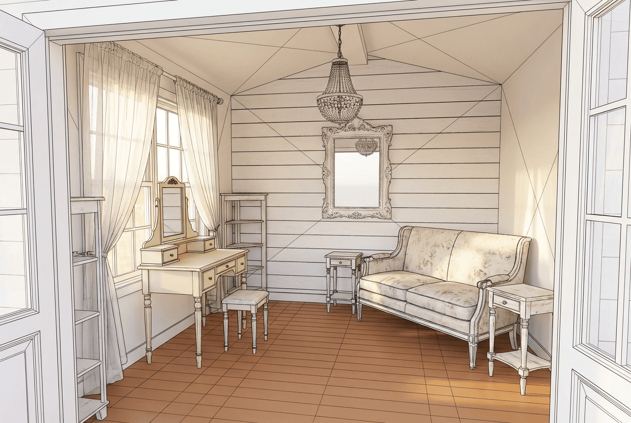 Architectural concept render of shabby chic cottage she shed interior — distressed white furniture, floral cushions, crystal pendant, sheer curtains, shiplap feature wall
