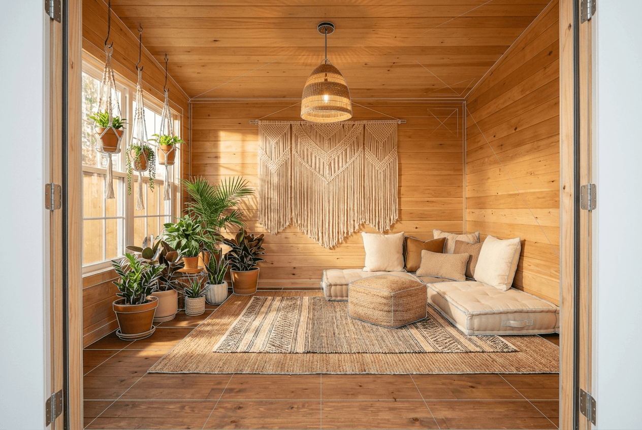 Architectural concept render of bohemian she shed interior — natural wood walls, layered rugs, macramé hanging, dense plants, floor cushions, hanging pendant
