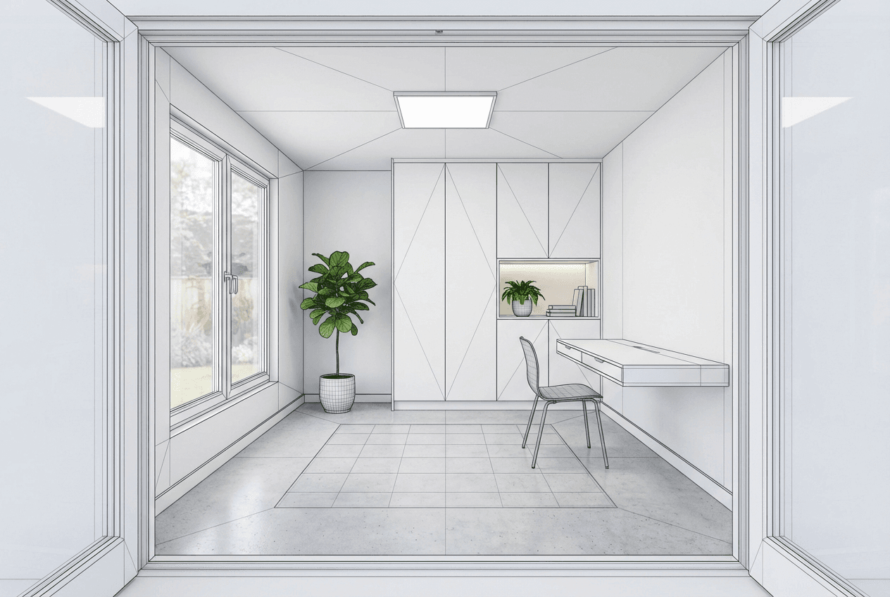 Architectural concept render of modern minimalist she shed interior — white walls, slim desk, single chair, built-in shelving, large window, single plant