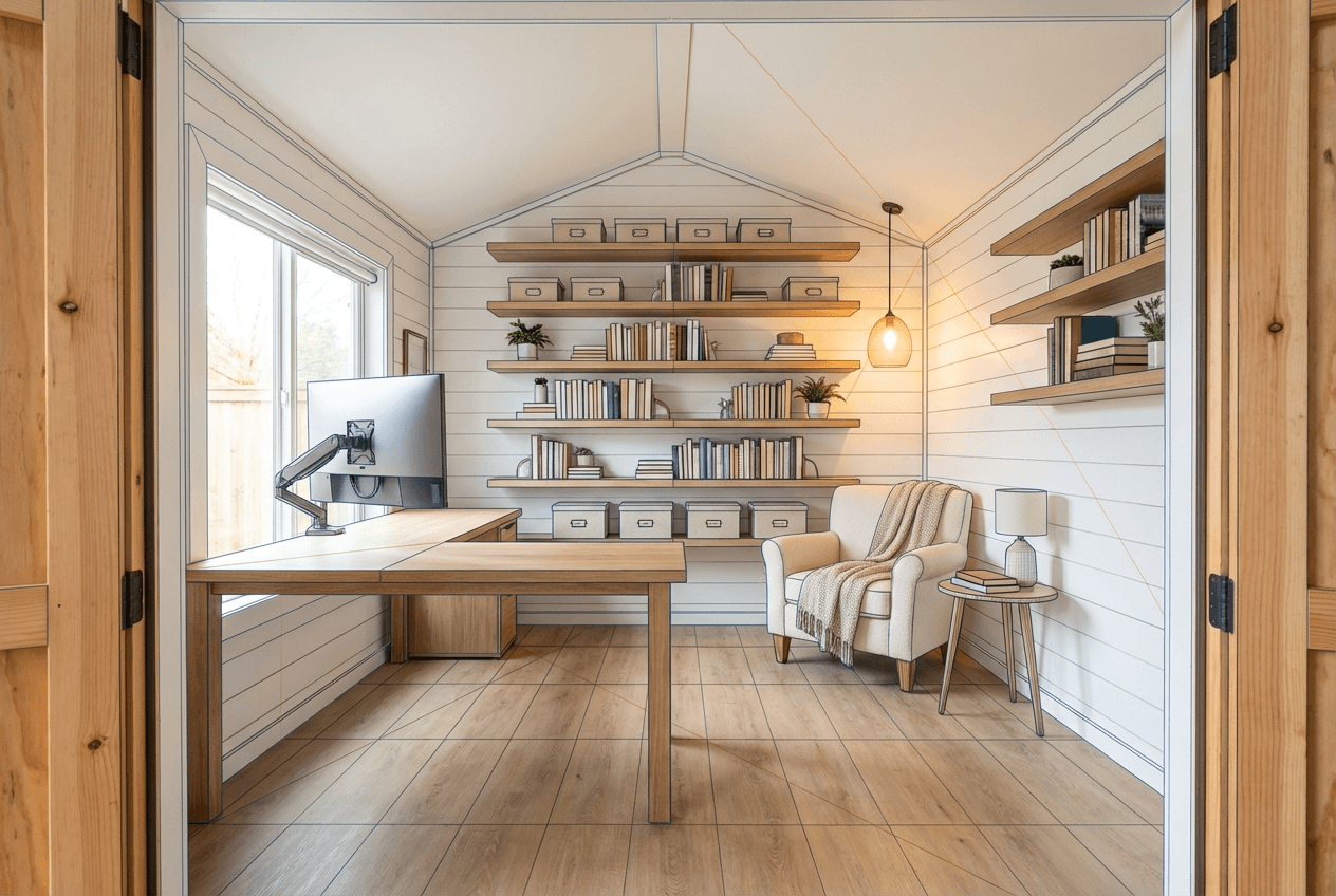 Architectural concept render of dedicated she shed office — L-shaped desk near window, ergonomic chair, bookshelf with plants, reading armchair, warm lighting, white shiplap walls