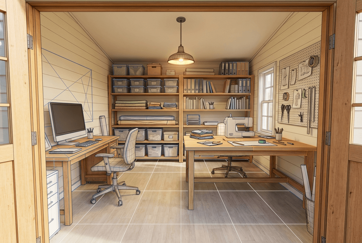 Architectural concept render of she shed craft-office combo — computer desk on one side, large craft table centre with sewing machine, storage wall with bins and fabric, pegboard inspiration wall