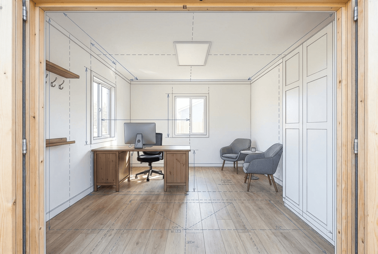 Architectural concept render of she shed studio-office — standing desk with dual monitors, lounge seating area with bookshelf behind, plants, large window wall, clean minimalist aesthetic