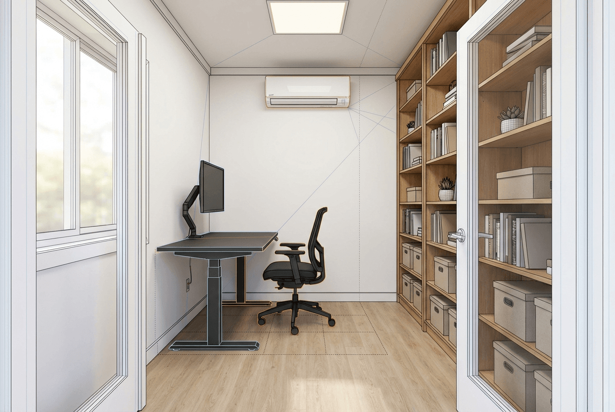 Architectural concept render of focused 8×10 shed office — standing desk with single monitor, built-in shelving to ceiling, mini-split above door, clean and minimal, window providing side light