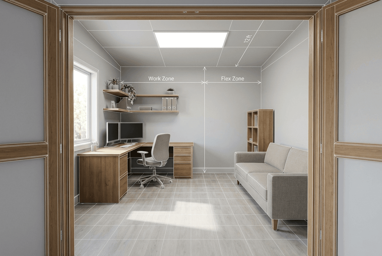 Architectural concept render of dual-purpose 10×12 shed office — L-shaped desk area with monitors, small sofa for calls, floating shelves above desk, daybed zone separated from work zone