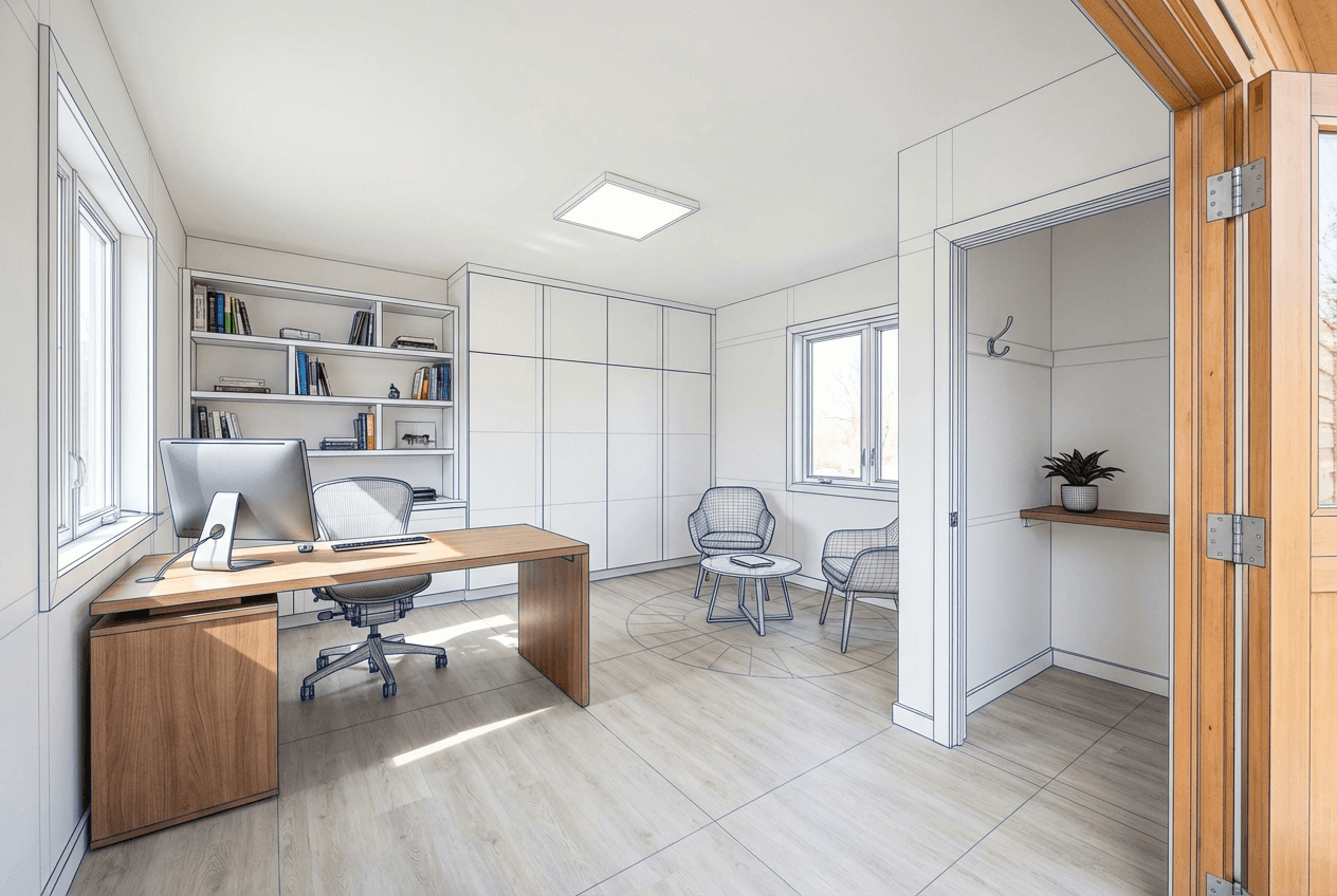 Architectural concept render of large 12×16 studio-office shed — dual workstation with conference area, whiteboard wall, bookshelf backdrop for video calls, professional finish throughout