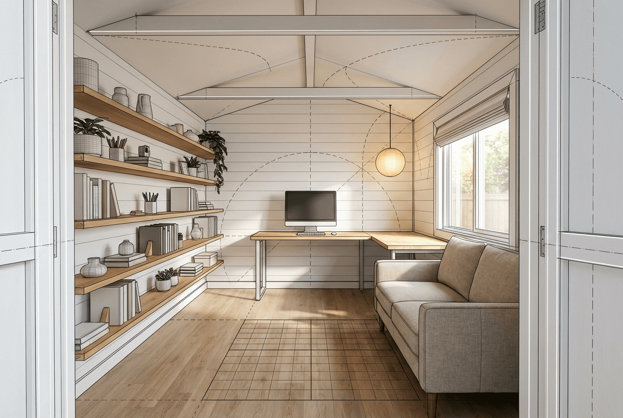 Architectural concept render of small focused office she shed — desk by side window, loveseat opposite, storage wall at back, warm lighting, compact but intentional 10×12 ft space