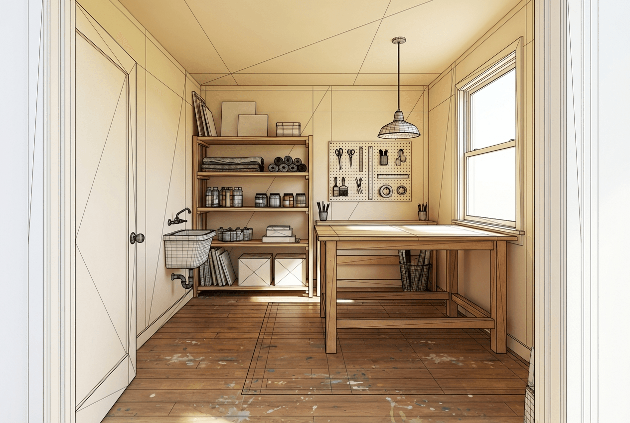 Architectural concept render of small art studio she shed — freestanding craft table centre, deep storage shelves on back wall, pegboard for tools, utility sink, bright natural light from window